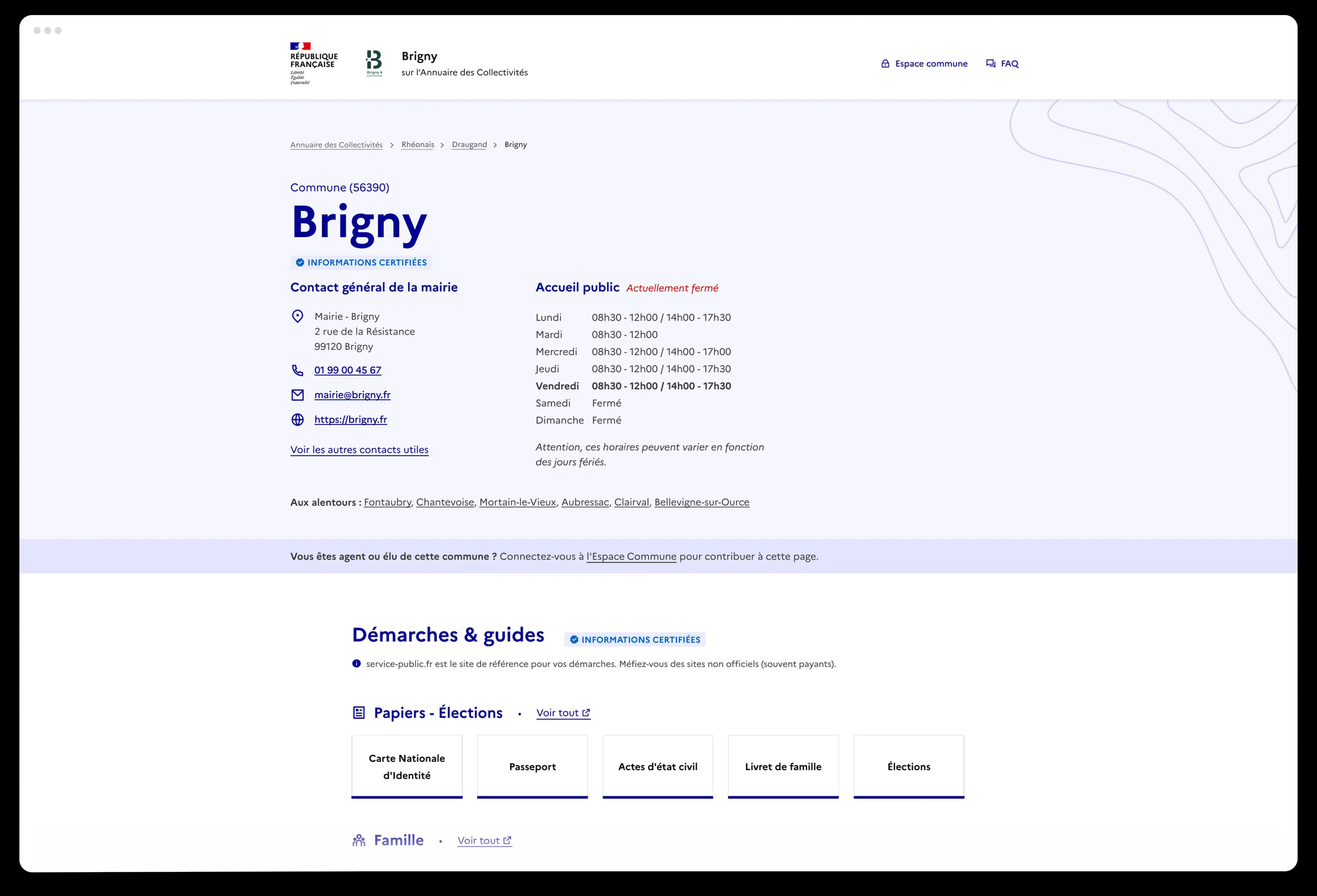 L’espace commune de l’Annuaire, avec les informations publiées de la collectivité